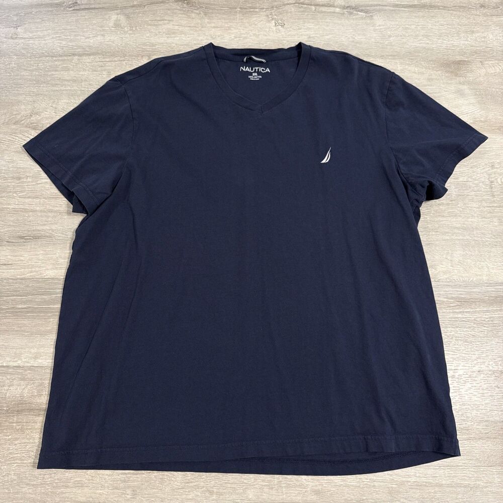 Nautica Shirt Men’s Blue 2XL 100% Cotton V Neck Short Sleeve Sailboat Logo Tee